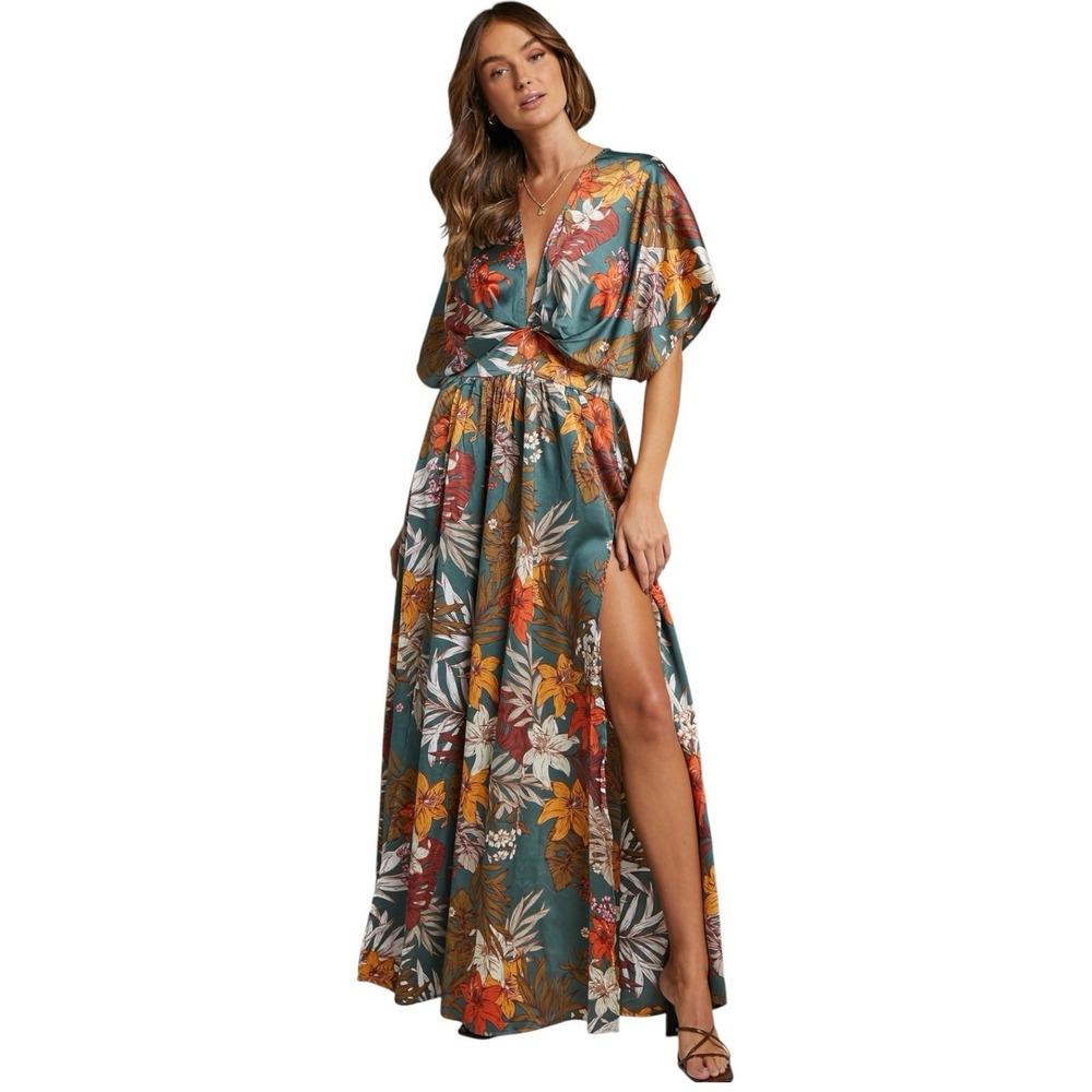 Showpo Vacay Ready Maxi Dress Teal Floral Satin Sz 14